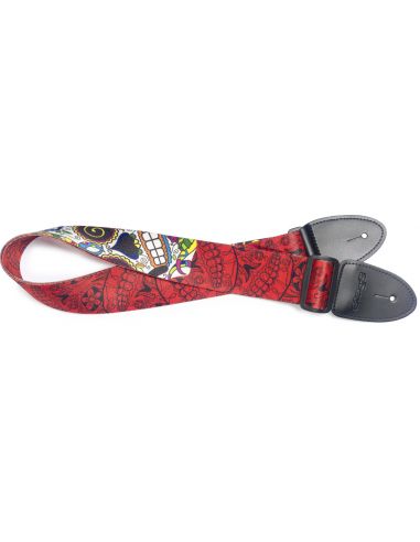 Stagg Red terylene guitar strap with big Mexican skull pattern