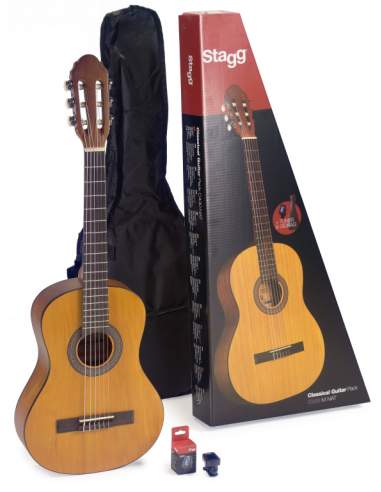 Guitar pack with 3/4 natural-coloured classical guitar with linden top, tuner, bag and colour box