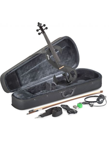 4/4 electric violin set with S-shaped metallic black electric violin, soft case and headphones