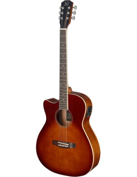 Dark cherryburst acoustic-electric auditorium guitar with solid spruce top, left-handed, Bessie