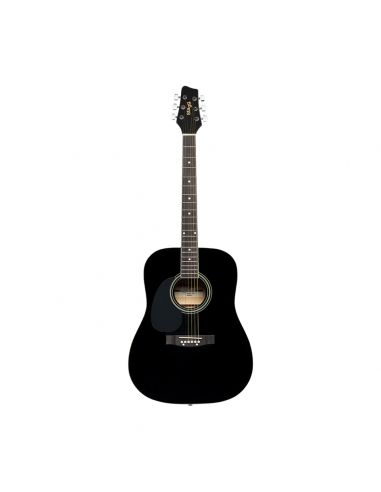 Black dreadnought acoustic guitar with basswood top, left-handed model