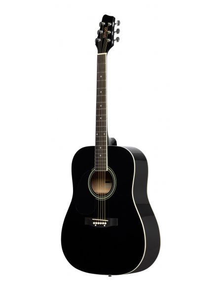 Black dreadnought acoustic guitar with basswood top, left-handed model