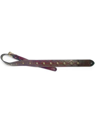 Dark brown padded distressed leatherette guitar strap with pressed flower pattern