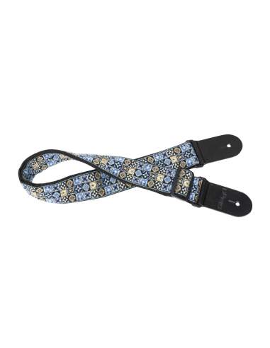 Woven nylon guitar strap with blue Hootenanny Mix pattern