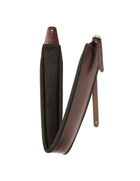 Brown padded leather guitar strap with chrome buckle