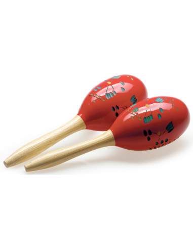 Pair of oval wooden maracas, flower finish, red, 28 cm (11")