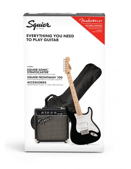 Elektrinės gitaros komplektas Fender Squier Sonic Strat + Frontman 10G, Juoda (Vitrinos prekė)